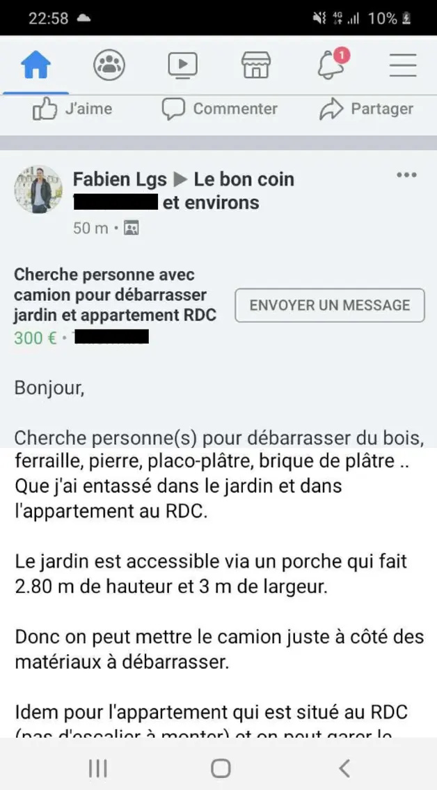 Annonce publiée sur un groupe Facebook local pour évacuer des déchets