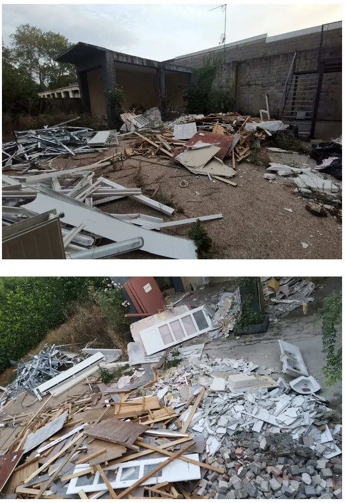 Déchets de démolition rassemblés dans le jardin
