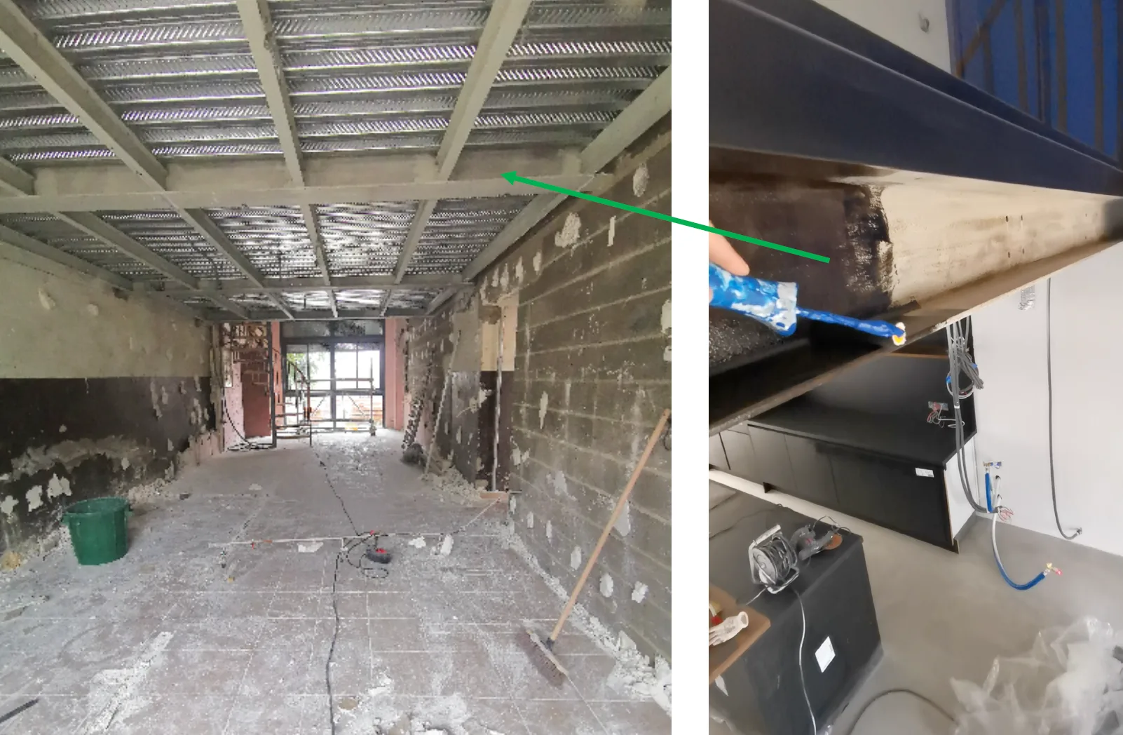 Mezzanine avec IPN apparents pendant le chantier