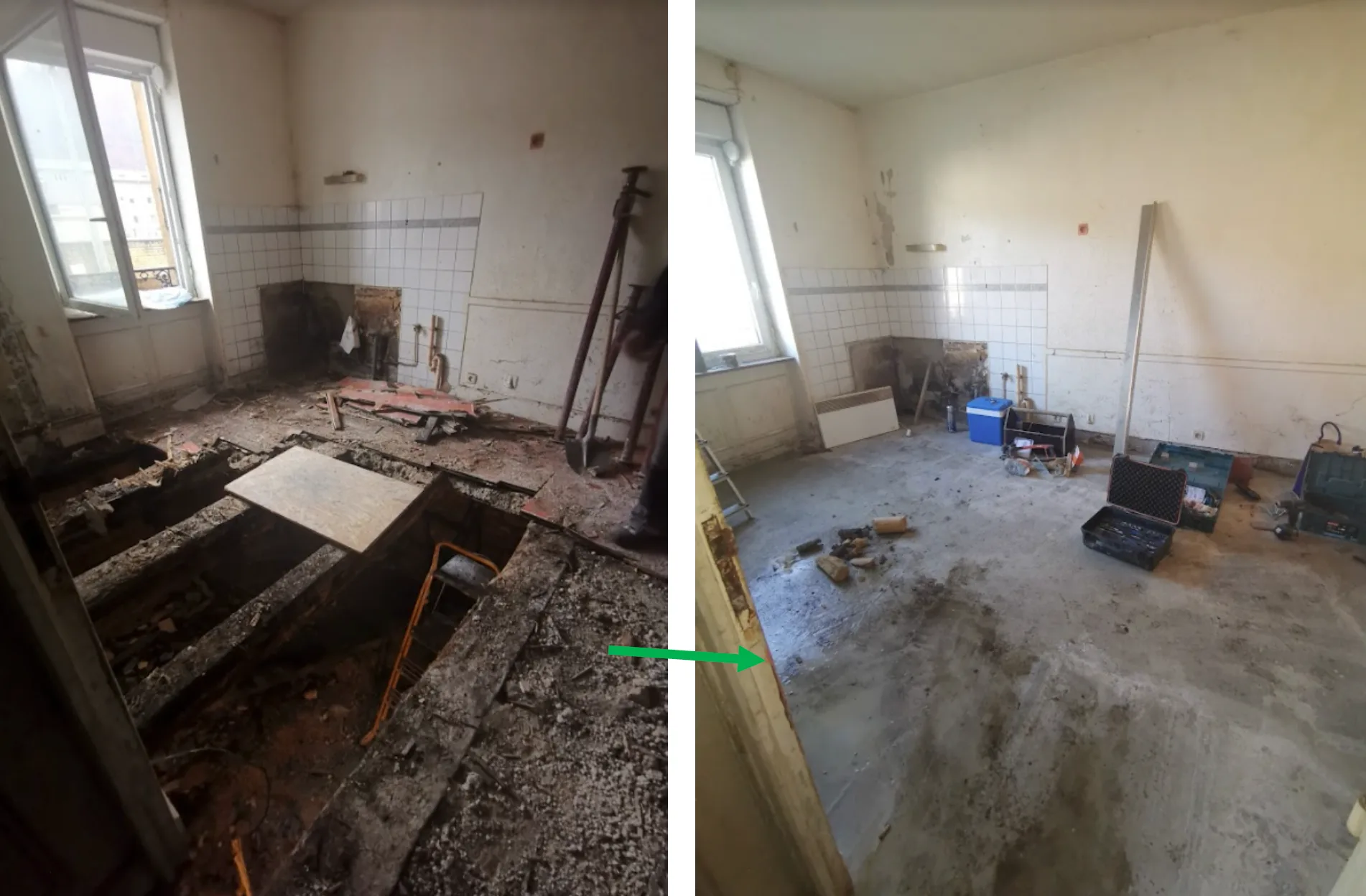 Remplacement d’une dalle bois par une dalle béton avant et après