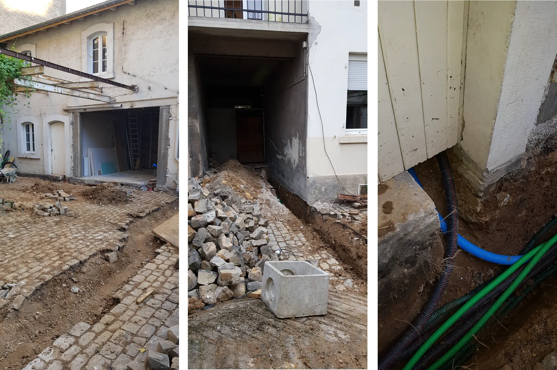 Chantier de VRD extérieurs sous une cour pavée