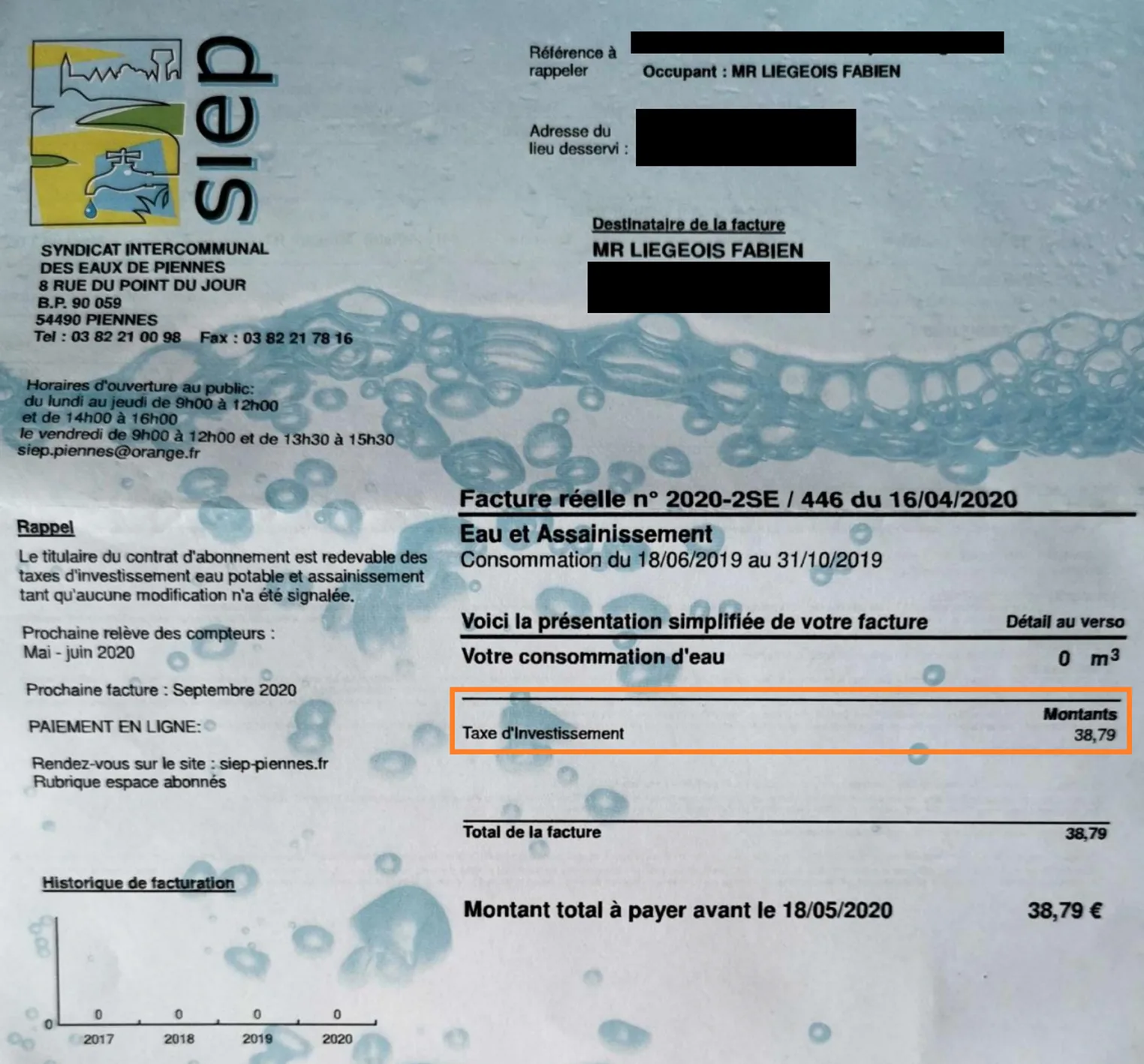 Facture d’eau sans consommation avec taxe d’investissement