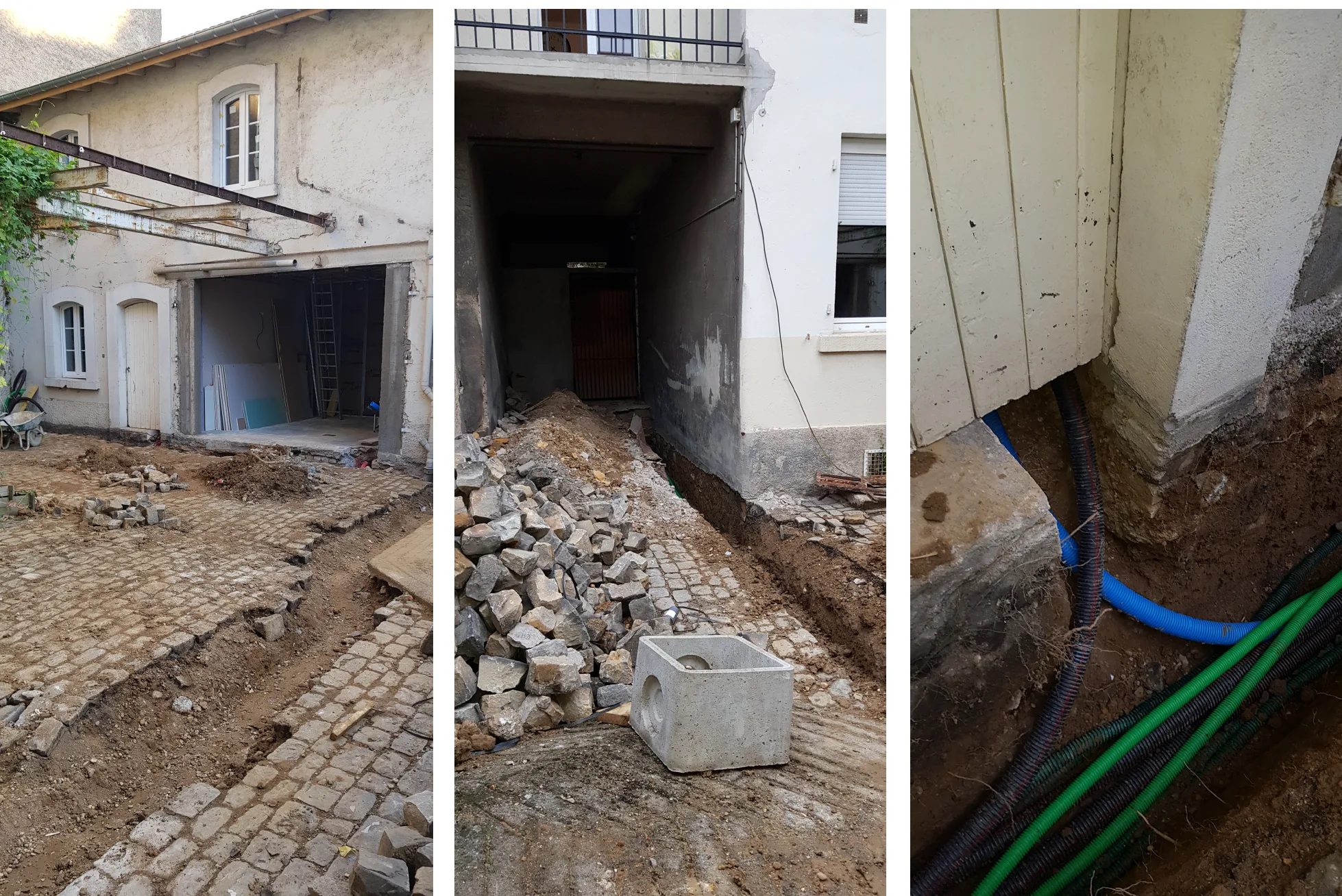 Tranchée extérieure pour VRD sous des pavés