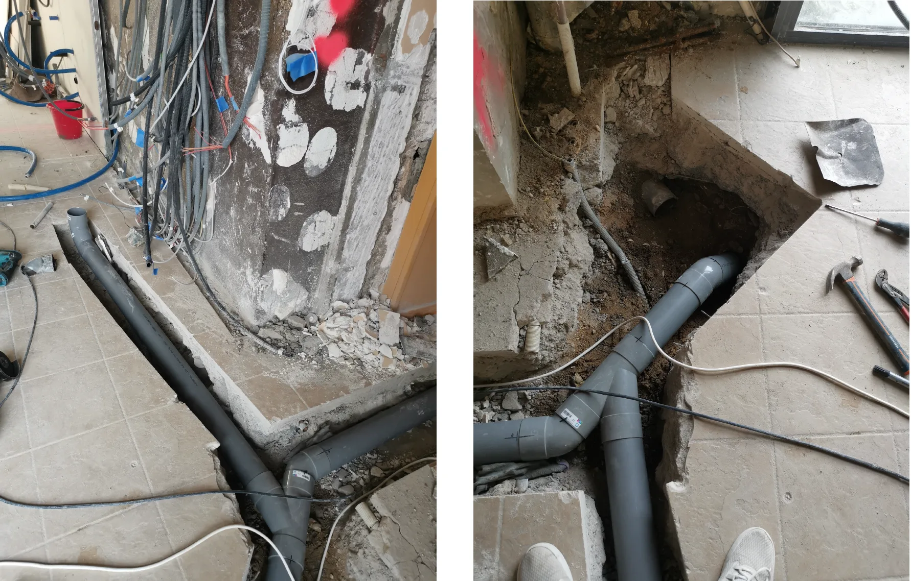 Tranchée intérieure pour canalisation d’évacuation d’un WC