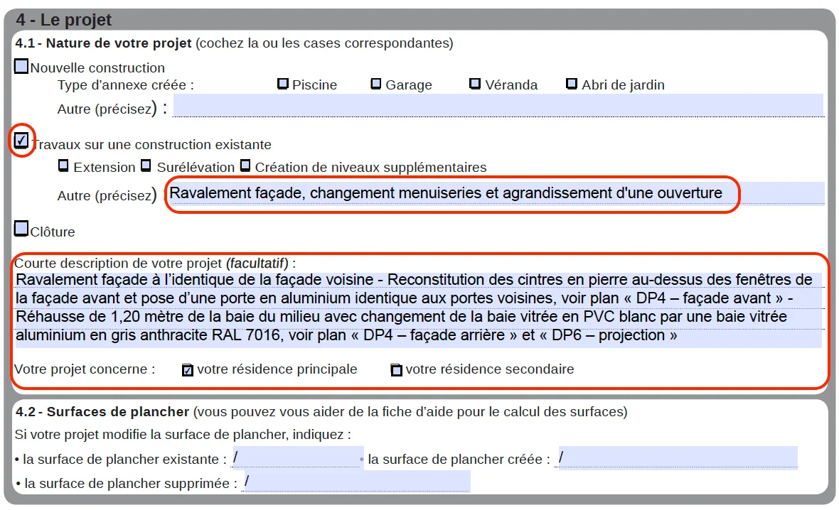 Description du projet dans la déclaration préalable