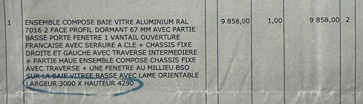 Extrait du devis de la baie vitrée en aluminium avec BSO
