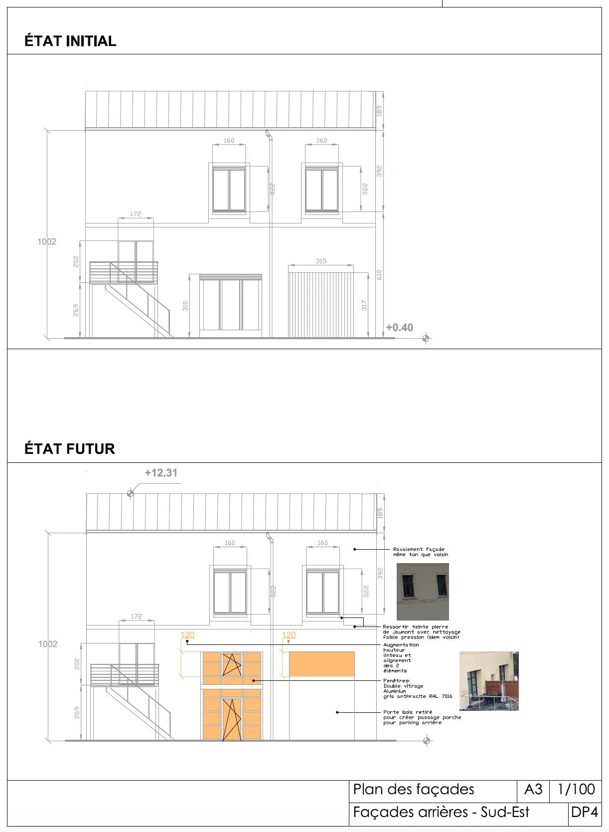 Plan DP4 de la façade arrière avant et après modification