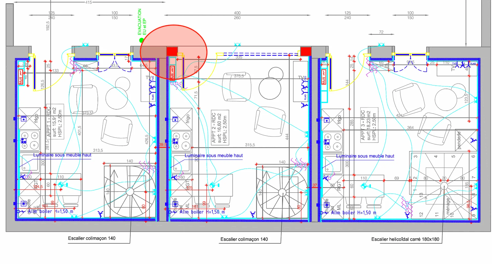 Plan des logements avec l'emplacement des colonnes techniques