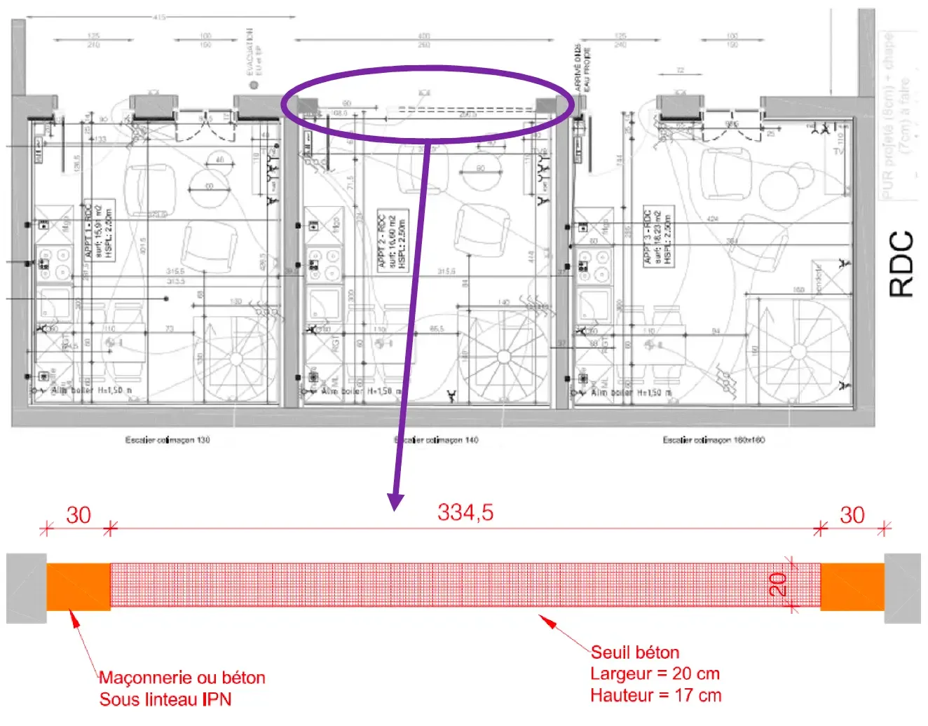 Plan du rétrécissement de la baie de 30 cm de chaque côté