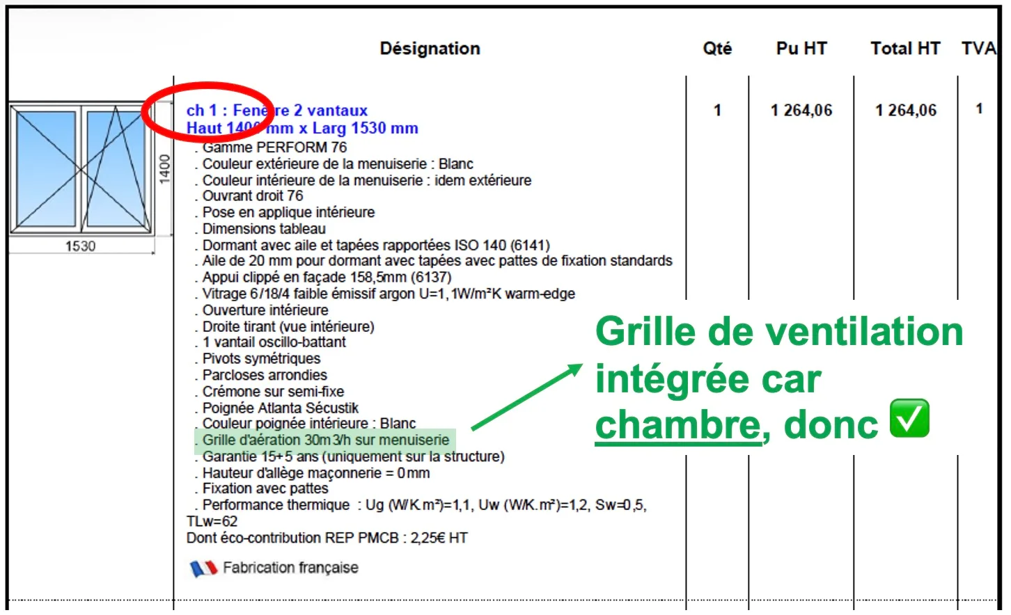Extrait de devis pour une fenêtre de chambre avec grille d'aération