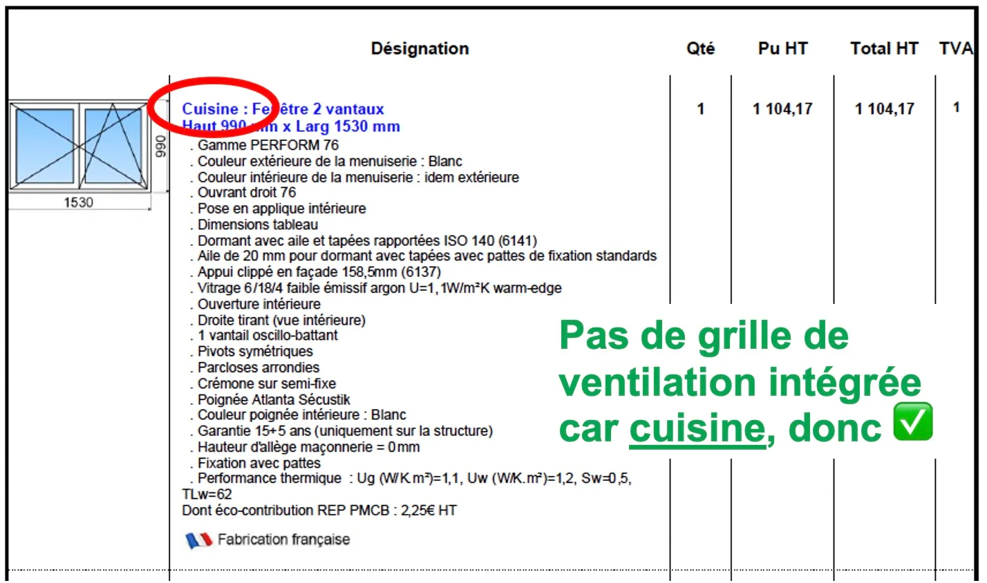Extrait de devis pour une fenêtre de cuisine sans grille d'aération
