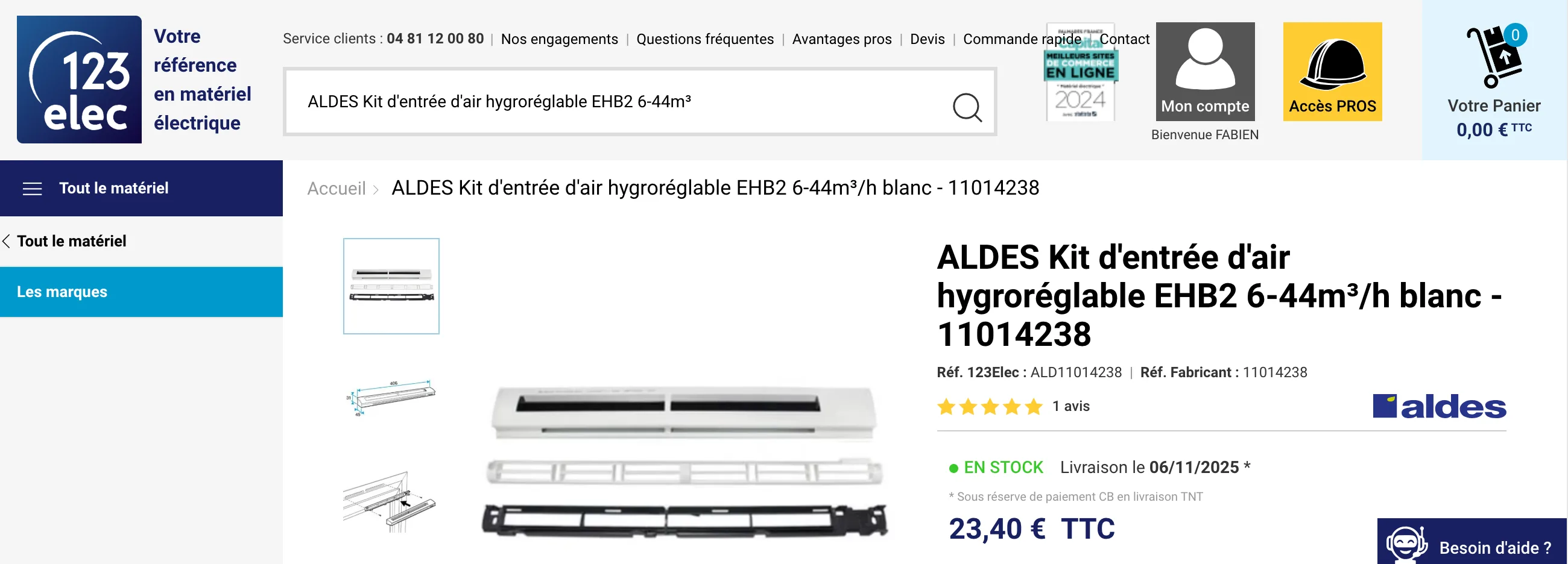 Référence d'une entrée d'air hygroréglable Aldes EHB2