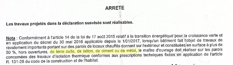Extrait d'un arrêté mentionnant l'obligation d'isolation lors d'un ravalement