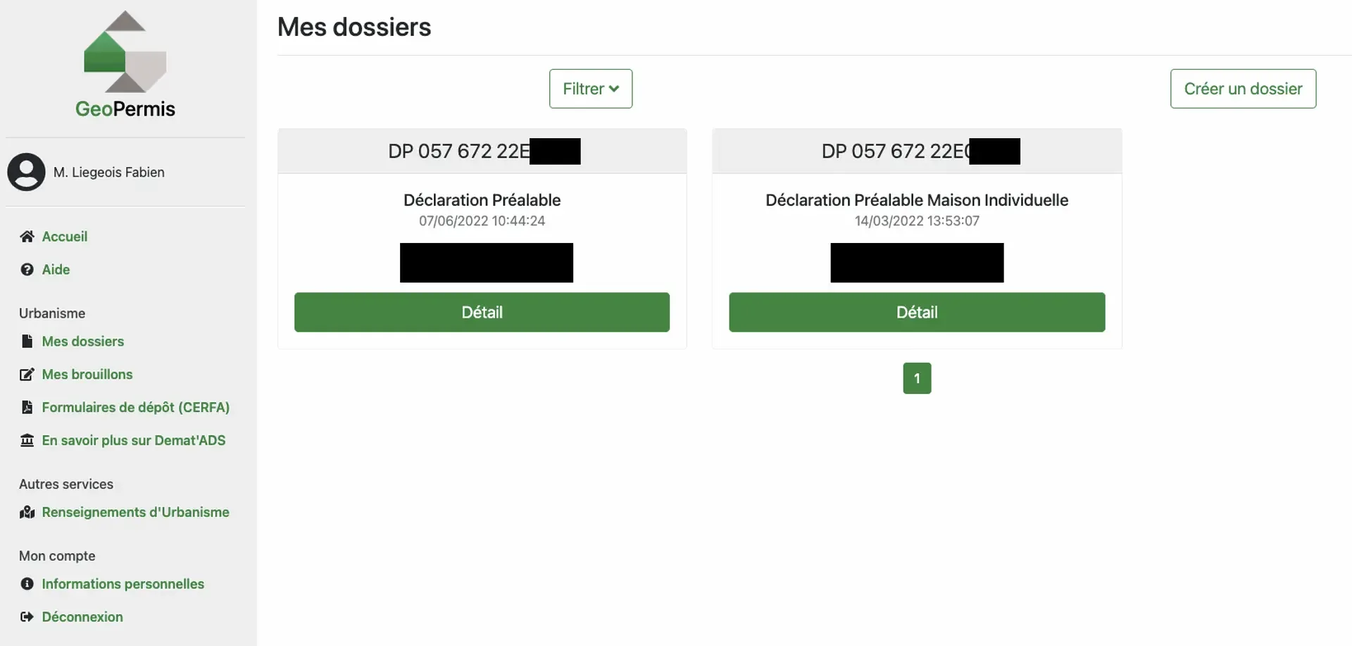 Portail GeoPermis affichant des dossiers de déclaration préalable