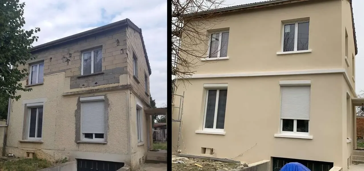 Maison avant et après ravalement avec un enduit clair