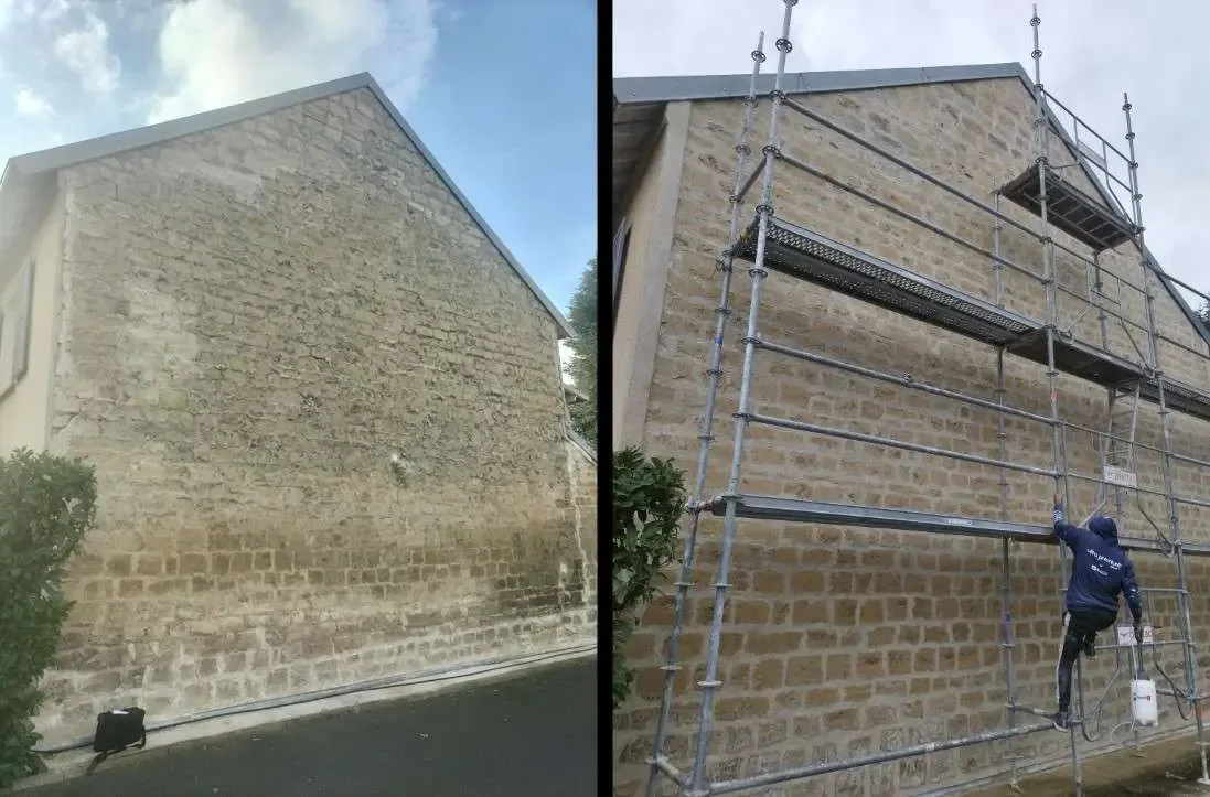 Mur en pierre avant et après nettoyage et rejointement