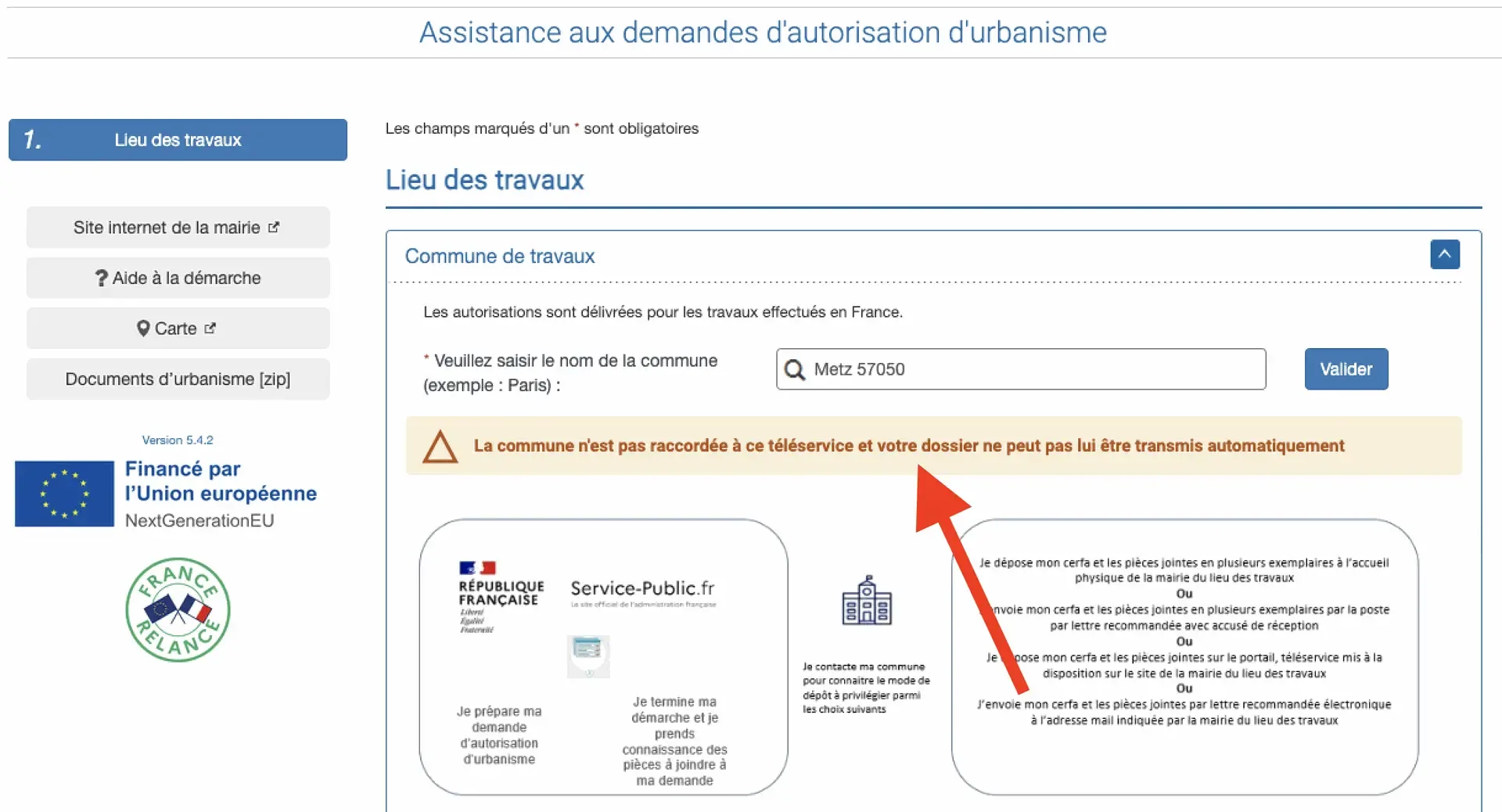 Téléservice indiquant que la commune n'est pas raccordée