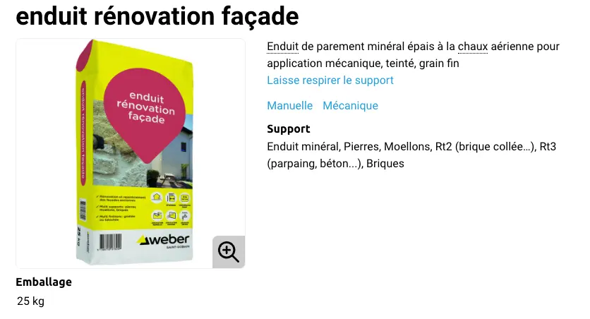 Fiche produit Weber de l'enduit minéral de rénovation de façade