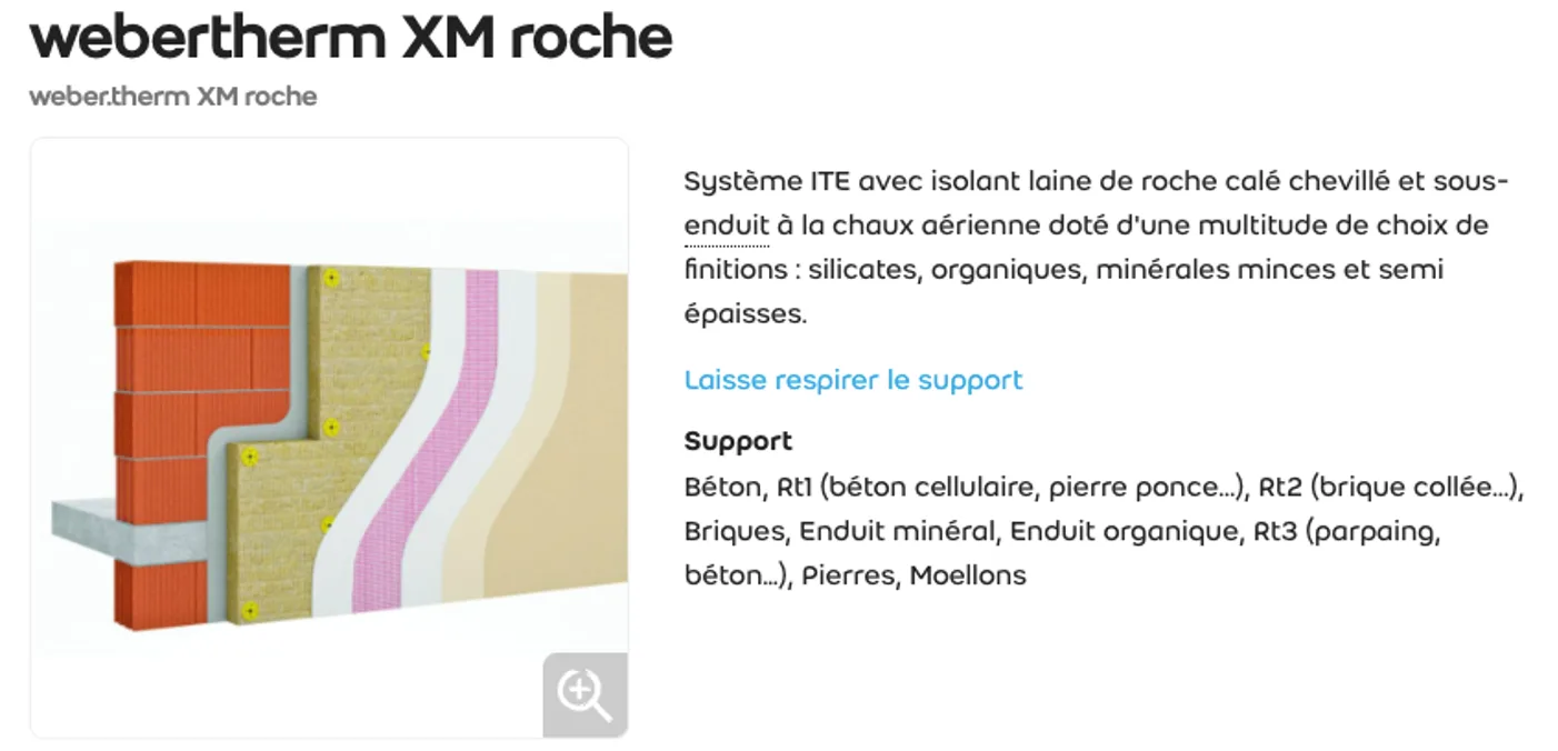 Fiche du système ITE Webertherm XM avec laine de roche et enduit à la chaux