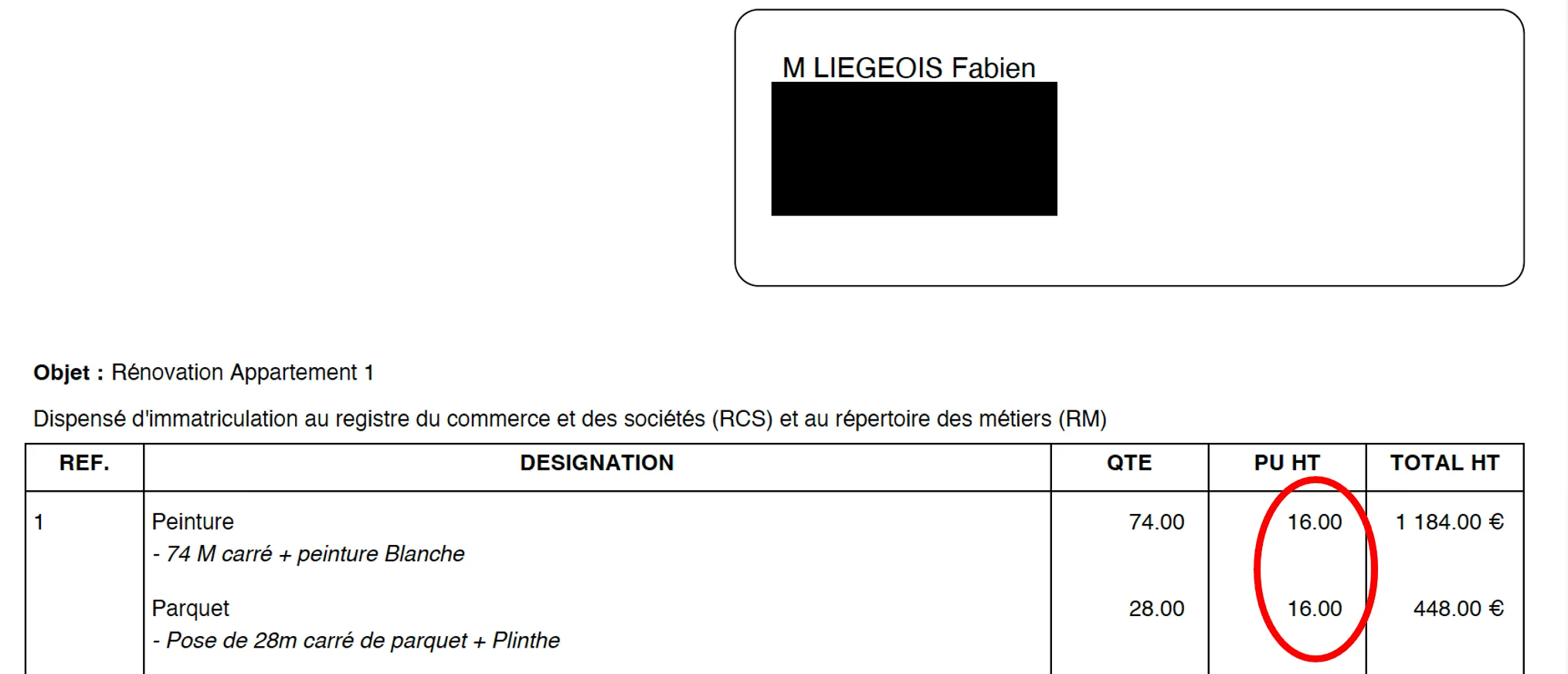 Exemple devis avec PU peinture mur/plafond = 16€ TTC/m**²**