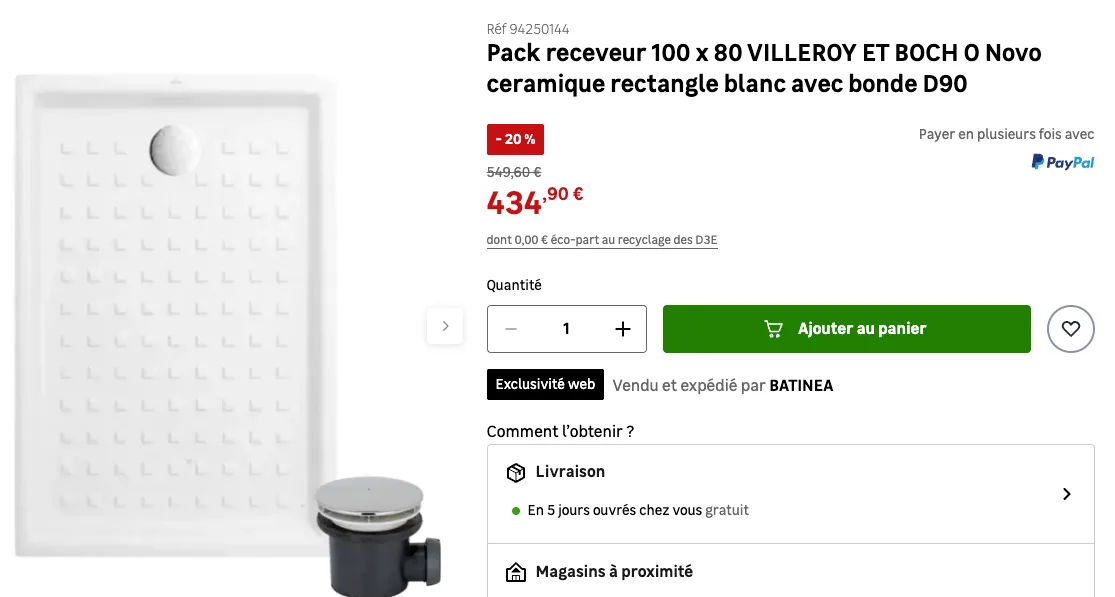 Receveur de douche Villeroy & Boch O.novo 100x80 avec bonde